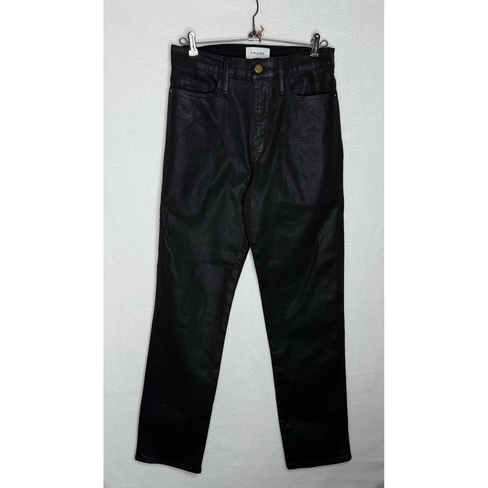 FRAME Le Sylvie Slender Straight Coated Noir Jeans Black High Rise Sz 29 EUC